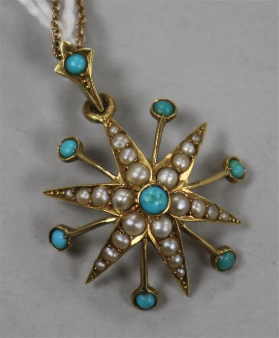 An Edwardian 15ct gold, seed pearl and turquoise starburst pendant, on a fine link chain.